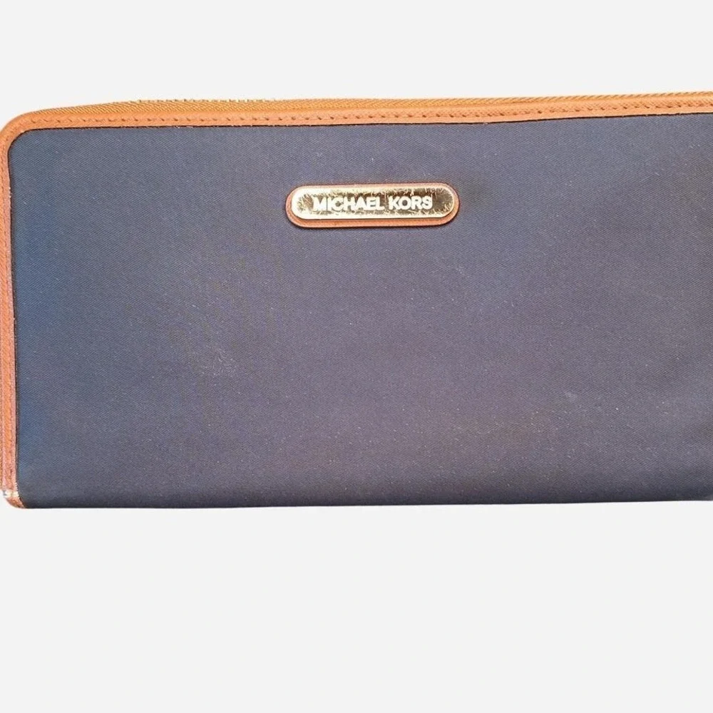 Michael Kors blue and brown leather trim wallet‎